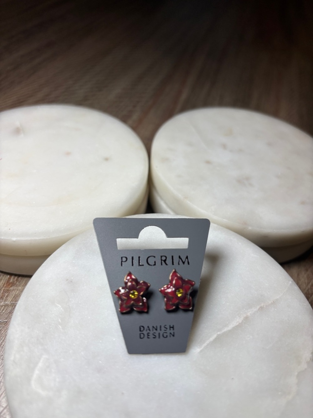 149 Pilgrim Red Floral Enamel Stud Earrings with Gold Accent